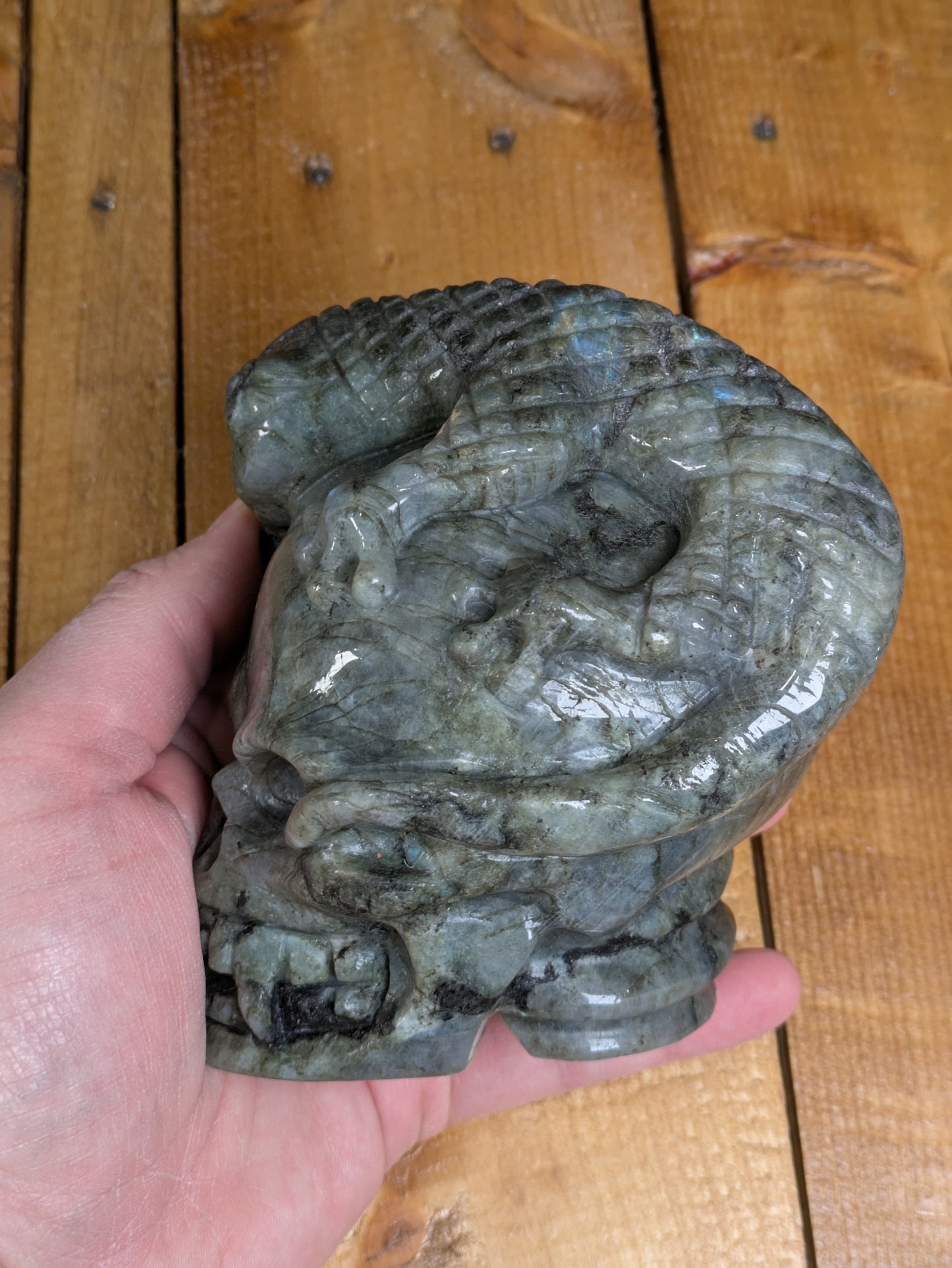 Labradorite Skull & Lizard Carving 1494g