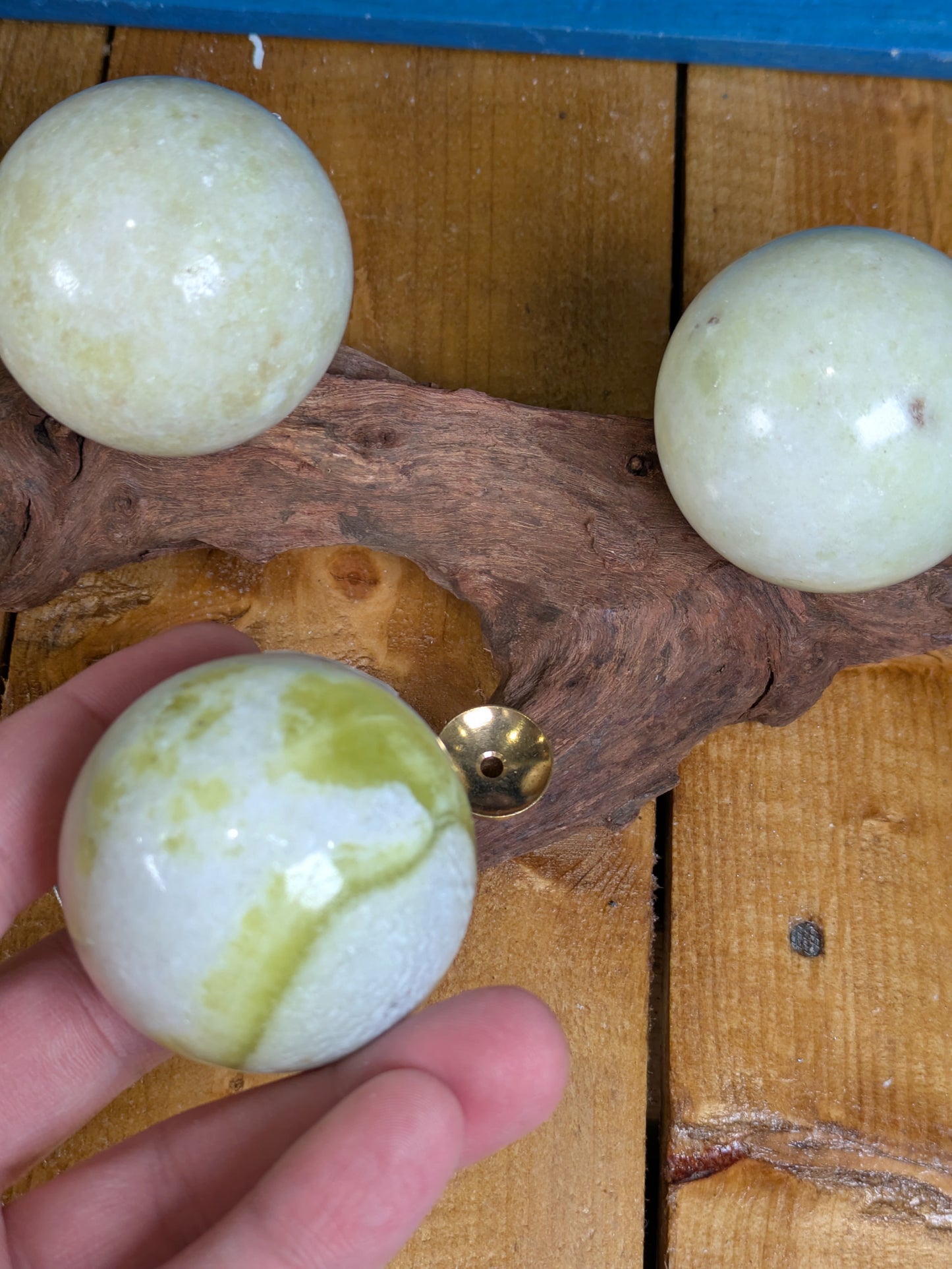 Set of 4 Serpentine Spheres with Driftwood Stand