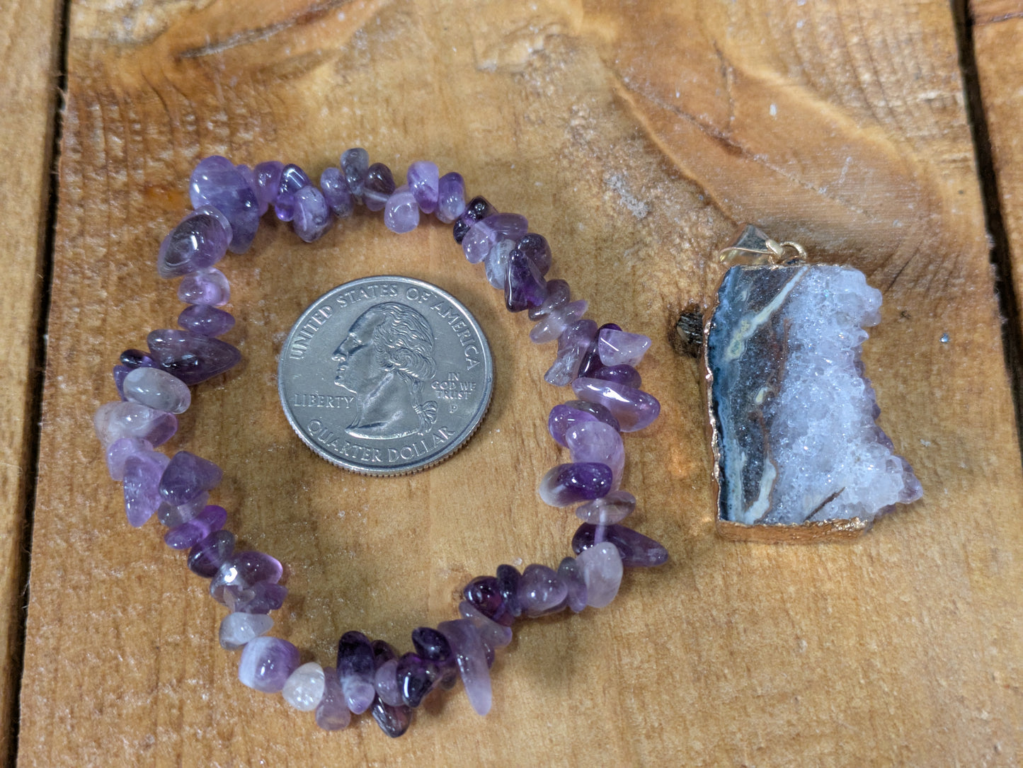 Amethyst Slice Pendant & Chip Bracelet