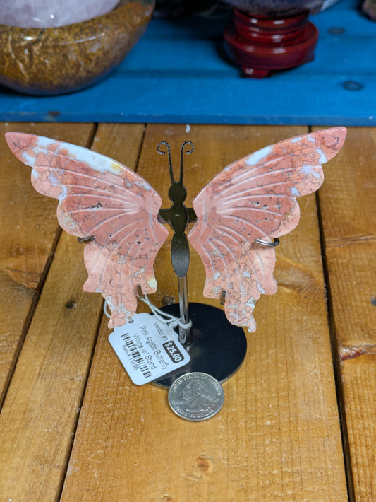 Pink Agate Butterfly Wings w/ Stand