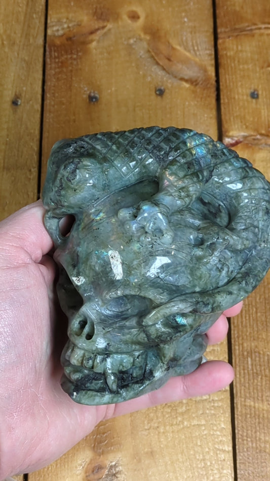 Labradorite Skull & Lizard Carving 1494g