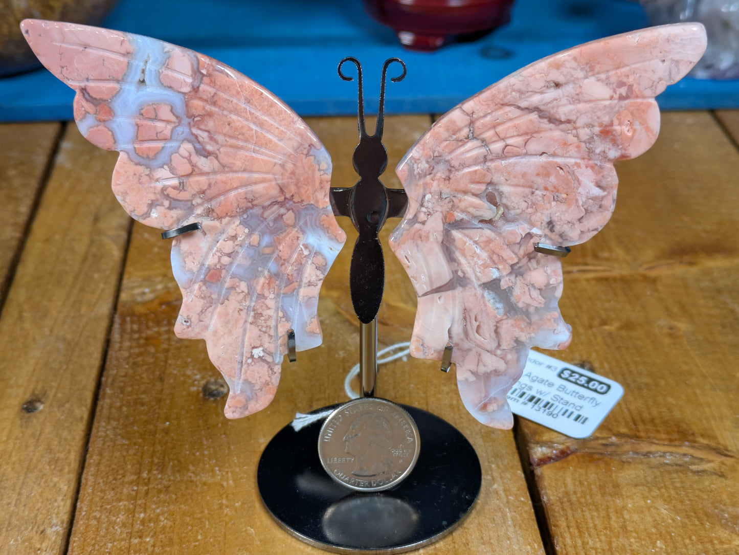 Pink Agate Butterfly Wings with Stand