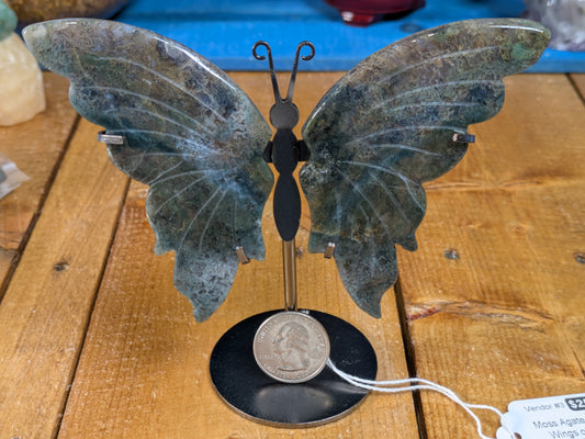 Moss Agate Butterfly Wings with Stand