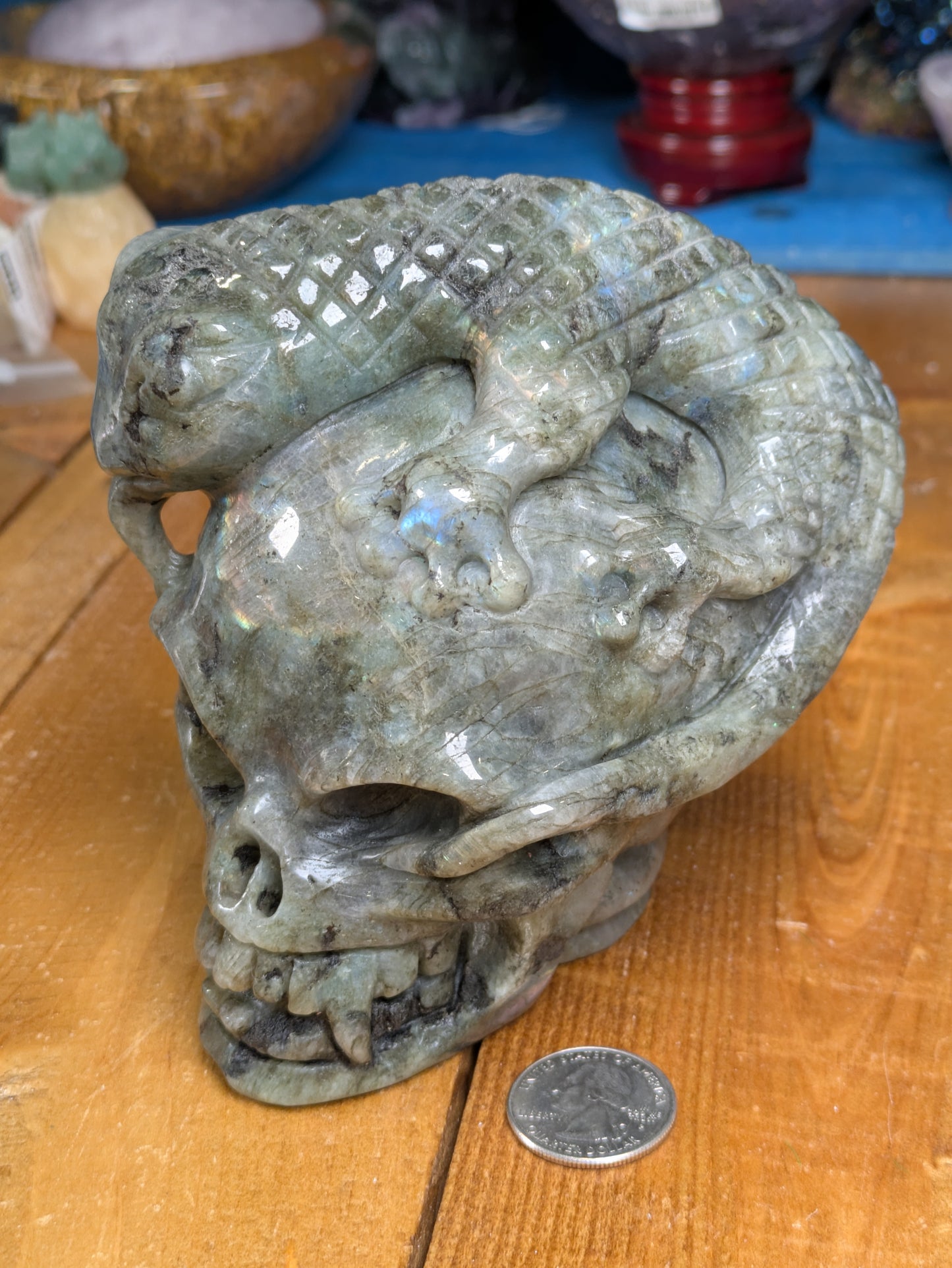 Labradorite Skull & Lizard Carving 1494g