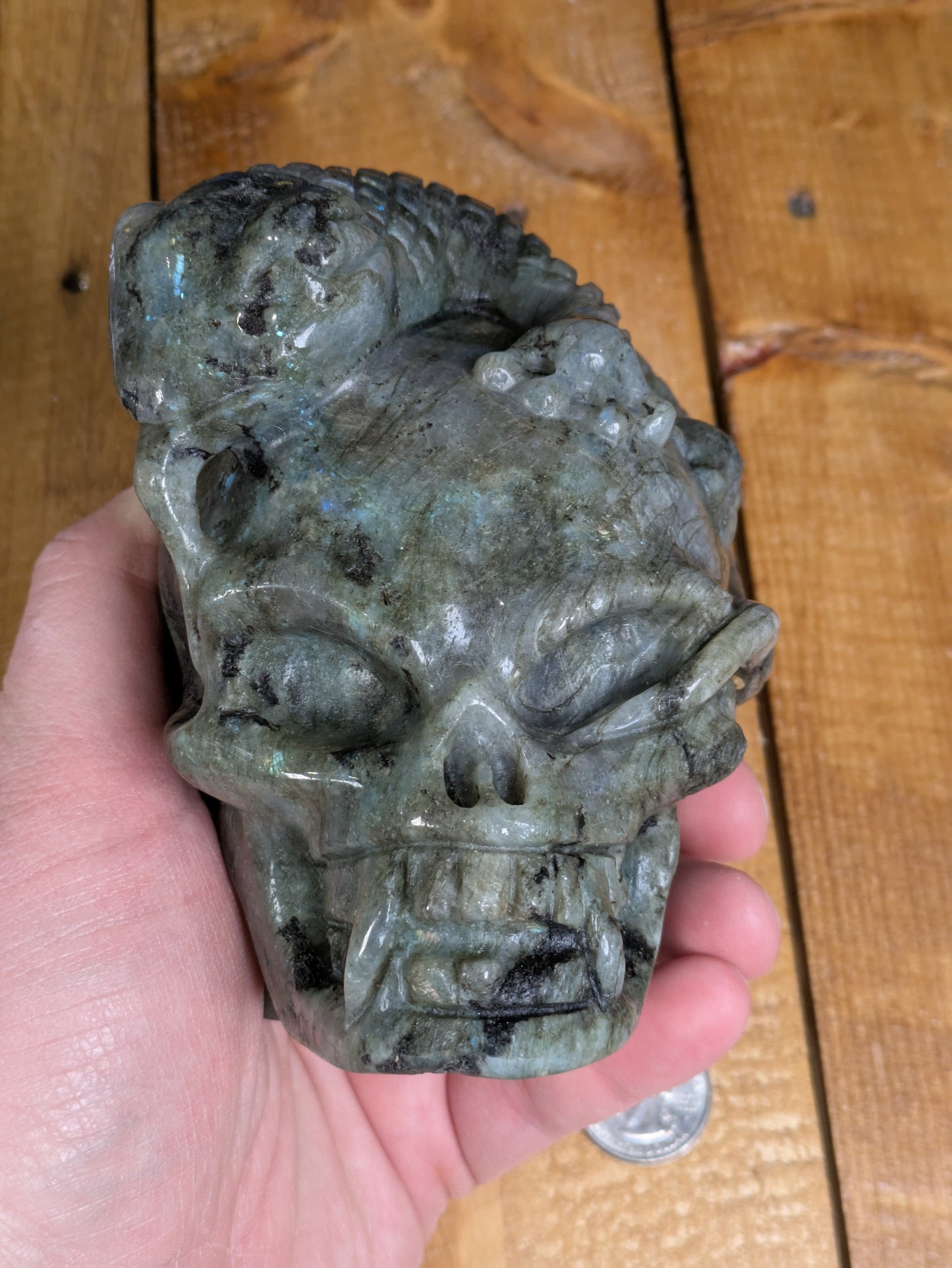 Labradorite Skull & Lizard Carving 1494g