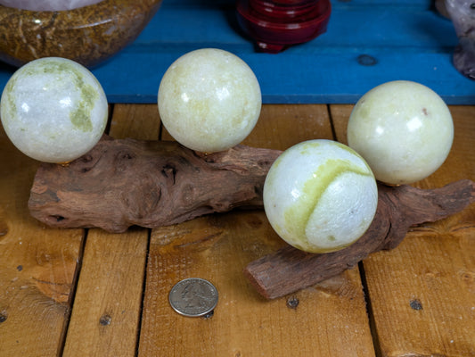 Set of 4 Serpentine Spheres with Driftwood Stand