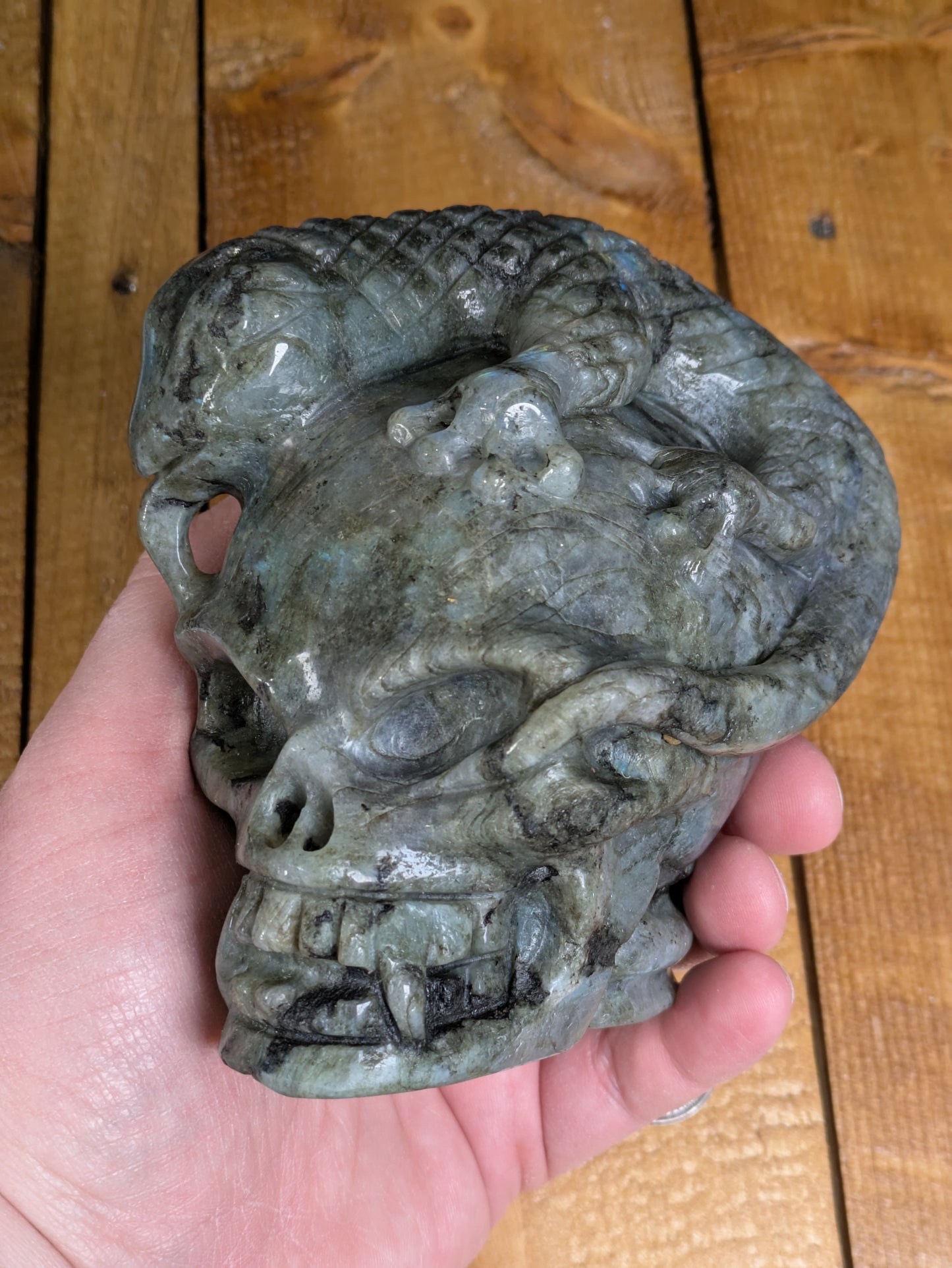 Labradorite Skull & Lizard Carving 1494g